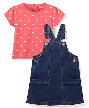 Babyhug Cotton Woven Frock & Half Sleeves Inner Tee With Heart Print - Navy Blue & Pink