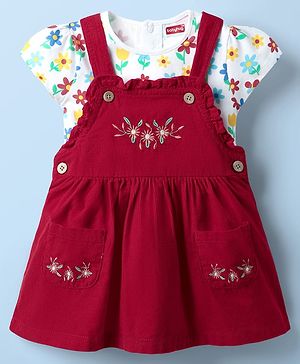 Babyhug Cotton Woven Half Sleeves Frock & Inner Tee With Floral Print & Embroidery - Red