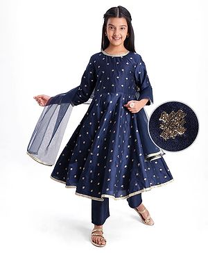 Pine Kids Woven Three Fourth Sleeves Kurta Chudidar Set with Embroidery & Lace Detailing - Navy Blue