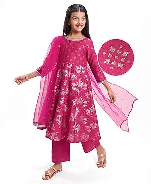 Pine Kids Woven Three Fourth Sleeves Kurti Salwar Set with Dupatta & Floral Foil Print - Dark Pink