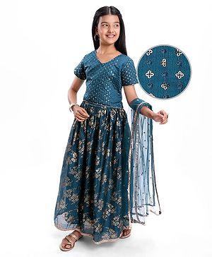 Pine Kids Woven Half Sleeves Floral Printed Choli Lehenga Set with Dupatta & Sequin Detailing - Teal Blue