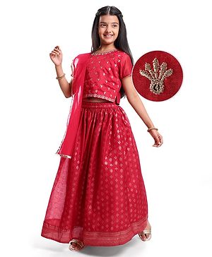 Pine Kids Half Sleeves Floral Embroidered Choli with Foil Printed Lehenga  & Dupatta   Set - Red