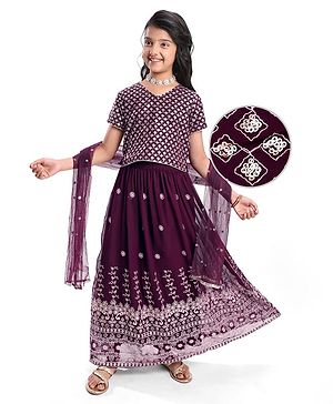 Pine Kids Woven Half Sleeves Floral Sequinned Choli Lehenga Set with Dupatta - Wine