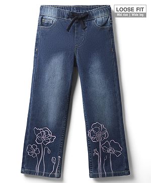 Pine Kids Woven Full Length Washed Denim Jeans With Floral Print - Blue