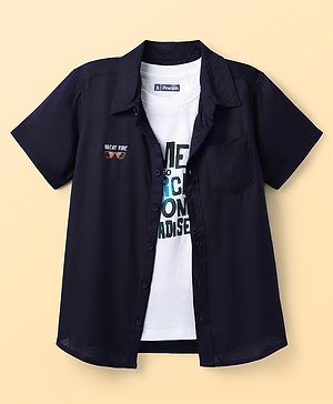 Pine Kids Viscose Woven Half Sleeves Shirt & T-Shirt with Text Print - Navy Blue & White