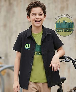 Pine Kids Viscose Woven Half Sleeves Shirt with T-Shirt & Text Print - Black & Green
