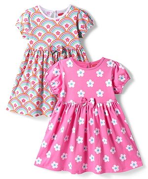 Babyhug Cotton Woven Half Puffed Sleeves Floral & Rainbow Printed Frocks with Headbands & Bow Applique Pack of 2 - Dark Pink & White