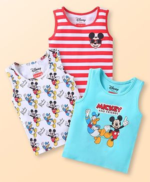 Babyhug Disney Single Jersey Knit Sleeveless Vests With Mickey Mouse Graphics Pack of 3 - Aqua Blue Red & White