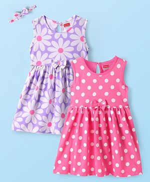 Babyhug Cotton Woven Sleeveless Polka Dot & Floral Printed Dresses With Bow Applique & Hairband Pack of 2 - Dark Pink & Lavender
