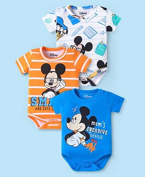 Babyhug Disney Interlock Knit Half Sleeves Onesies With Mickey Mouse Graphics Pack Of 3 - Blue White & Orange