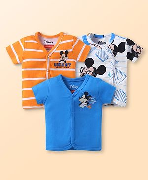 Babyhug Disney Interlock Knit Half Sleeves Front Open Jhablas with Mickey Mouse Graphics Pack of 3 - Orange Blue & White