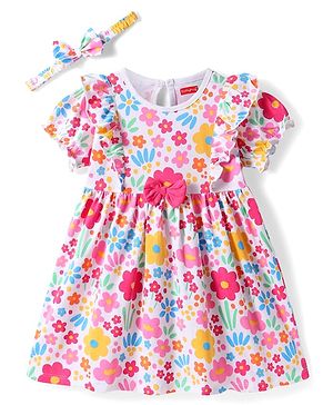 Babyhug Cotton Woven Half Puffed Sleeves Floral Printed Frock with Bow Applique & Headband - White