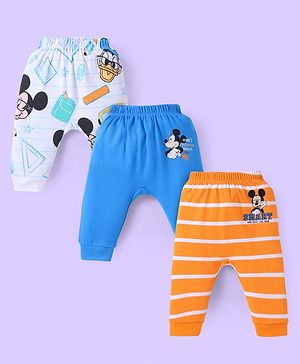 Babyhug Disney Interlock Knit Full Length Diaper Leggings With Mickey Mouse Graphics Pack Of 3 - Orange & Blue
