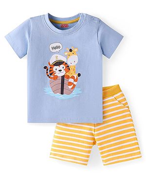 Babyhug Single Jersey Knit Half Sleeves T-Shirt & Shorts Set with Animal Print - Blue & Yellow