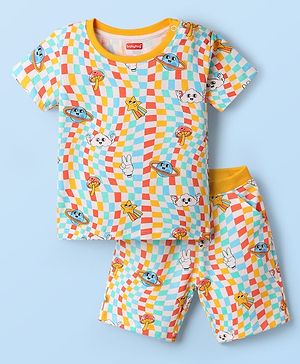 Babyhug Single Jersey Knit Half Sleeves T-Shirt & Shorts Co-Ord Set with Space Theme Print - Yellow