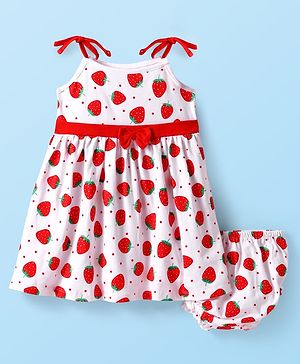 Babyhug Cotton Woven Sleeveless Strawberry Printed Frock With Bow Applique & Bloomer - White