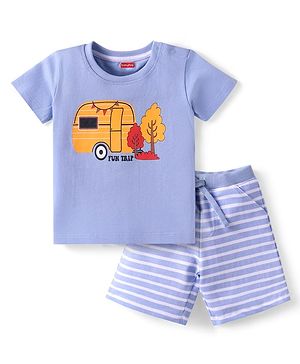 Babyhug Single Jersey Knit Half Sleeves T-Shirt & Shorts Set with Fun Trip Print - Lavender