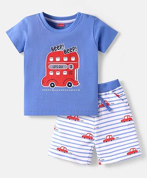 Babyhug Single Jersey Knit Half Sleeves T-Shirt & Shorts Set with Car Print - Light Blue