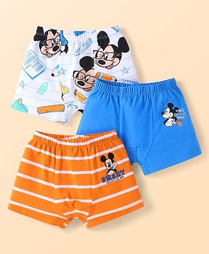Babyhug Disney Interlock Knit Trunks With Mickey Mouse Graphics  Pack of 3 - Orange Blue & White
