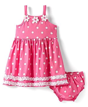 Babyhug Cotton Woven Sleeveless Polka Dot Printed Frock With Floral Applique & Bloomer - Dark Pink