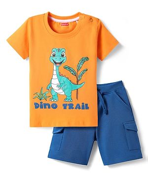 Babyhug Single Jersey Knit Half Sleeves T-Shirt & Shorts with Dino Print - Orange & Navy Blue