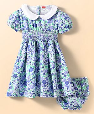 Babyhug Cotton Knit Half Puffed Sleeves Floral Printed Peter Pan Collared Frock with Bloomer & Smocking - Light Blue