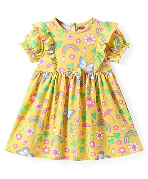 Babyhug Cotton Woven Half Sleeves Dress With Floral Print & Bow Applique - Yellow