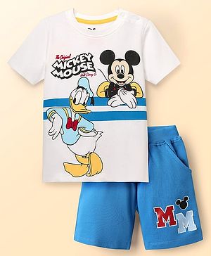 Babyhug Disney Single Jersey Knit Half Sleeves T-Shirt & Shorts Set With Mickey Mouse & Family Graphics - White & Blue