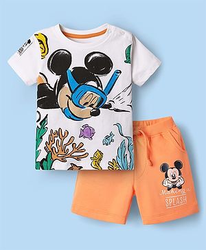 Babyhug Disney Single Jersey Knit Half Sleeves T-Shirt & Shorts Set With Mickey Mouse & Family Graphics - White & Orange