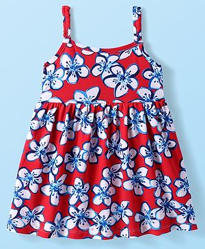 Babyhug Cotton Woven Singlet Sleeves Dress With Floral Print - Red