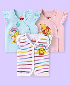 Babyhug Disney Interlock Knit Frill Sleeves Jhablas With Winnie The Pooh Graphics Pack of 3 - White Light Blue & Pink