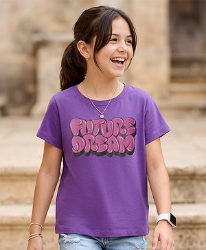 Pine Kids Cotton Knit Half Sleeves T-Shirt with Future Dream Text Print - Purple