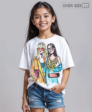 Pine Kids Cotton Knit Half Sleeves Oversized Drop Shoulder T-Shirt With Human Graphic Print - White