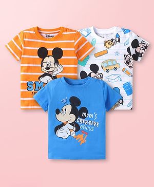 Babyhug Disney Single Jersey Knit Half Sleeves T-Shirts With Mickey Mouse Graphics Pack Of 3 - Blue & White