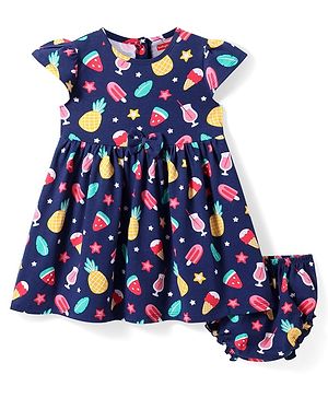 Babyhug Cotton Woven Cap Sleeves Frock With Fruit Print & Bloomer - Navy Blue