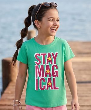 Pine Kids Cotton Knit Half Sleeves T-Shirt with Text Print - Mint