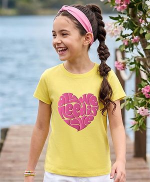 Pine Kids Cotton Knit Half Sleeves T-Shirt with Heart Print - Yellow