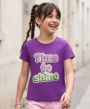 Pine Kids Cotton Knit Half Sleeves T-Shirt with Text Print - Purple