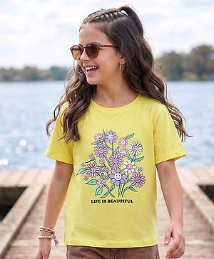 Pine Kids Cotton Knit Half Sleeves T-Shirt with Floral Print - Lemon