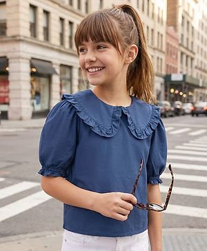 Pine Kids Cotton Woven Half Puffed Sleeves Solid Color Top with Frill Detailing - Navy Blue