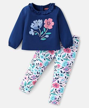 Babyhug Single Jersey Knit Full Peasant Sleeves Top & Leggings with Floral Print - Navy Blue & White