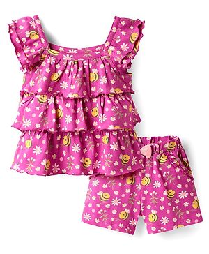 Babyhug Single Jersey Knit Frill Sleeves Co-ords Layered Top & Shorts Set with Floral Print & Bow Applique - Dark Pink