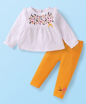 Babyhug Single Jersey Knit Full Sleeves Top & Leggings with Floral Embroidery - White & Yellow