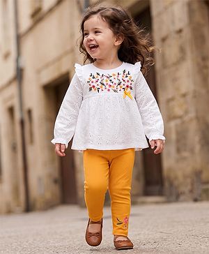 Babyhug 100% Cotton Single Jersey Knit Full Sleeves Top & Leggings with Floral Embroidery - White & Yellow