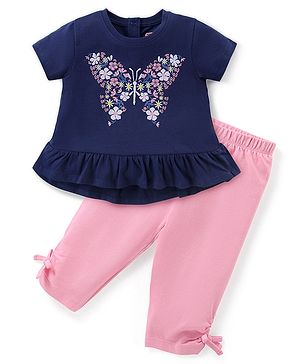 Babyhug Single Jersey Knit Half Sleeves Top & Leggings Set with Floral Embroidery - Navy Blue & Pink