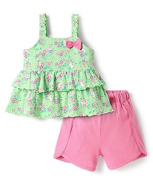 Babyhug Single Jersey Knit Sleeveless Floral Printed Top & Shorts Set with Bow Applique - Pink & Light Green