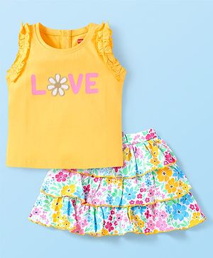 Babyhug Single Jersey Knit Sleeveless Top & Skirt Set With Floral Print - Yellow