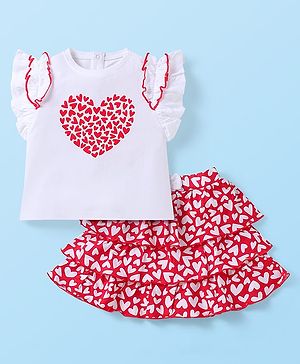 Babyhug Single Jersey Knit Frill Sleeves Top & Skirt Set With Heart Print - White & Red