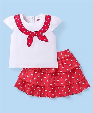 Babyhug Single Jersey Knit Half Cap Sleeves Top & Skirt Set with Hearts Print - White & Red