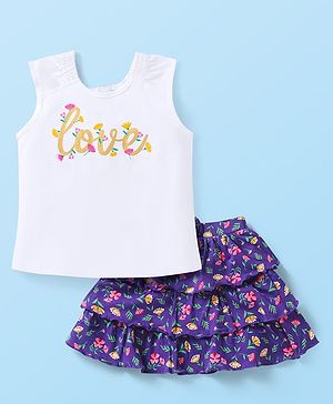 Babyhug Single Jersey Knit Sleeveless Tank Top & Skirt with Floral Print & Love Text Print - White & Purple